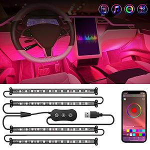 Nilight 4PCS USB Interior Car Lights 48 LEDs RGB LED Strips Lights with App Control Music Sound Active Mode Under Dash Footwell Ambient Lights 2 Line Design for Car Truck ATV UTV