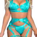Kaei&Shi Garter Belt Thong Lingerie For Women, Strappy Hollow Out Underwire Racerback Sexy Lingerie, Harness Garter Leg Strap Matching 4 Piece Lingerie Set Boudoir Light Teal Medium