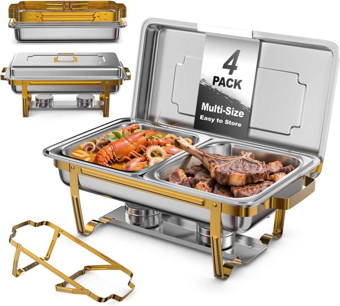 9Qt 4 Pack [Multiple Food Pans] Chafing Dishes for Buffet | Chafing Dish with 80% Faster [Screwless Assembly] and Stackable Design [Easy to Store] for Wedding/Party (Gold)