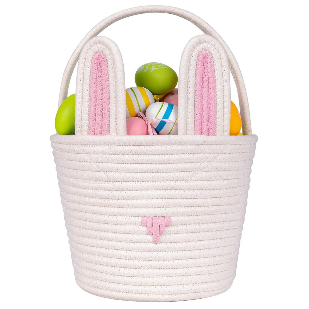 CubesLand Easter Bunny Basket Easter Buckets for Kids with Ear, Easter Egg Hunt Basket Bags Easter Gifts for Girls Baby Kids Children Pink White 9.8 x 7.8 x 7.8