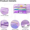 Cawukege 3 Tier Paper Organizer with Handle, Metal Desk Organizer Mesh Paper Letter Tray Desktop File Folder Document Sorter for Classroom, School, Office Accessories Storage (1, Purple)