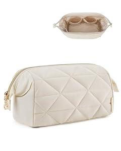 BAGSMART Makeup Bag Travel Cosmetic Bag, Puffy Padded Make Up Bags for Women Makeup Organizer Case, Wide-open Pouch Purse Travel Essentials Toiletries Accessories Brushes, (Beige)