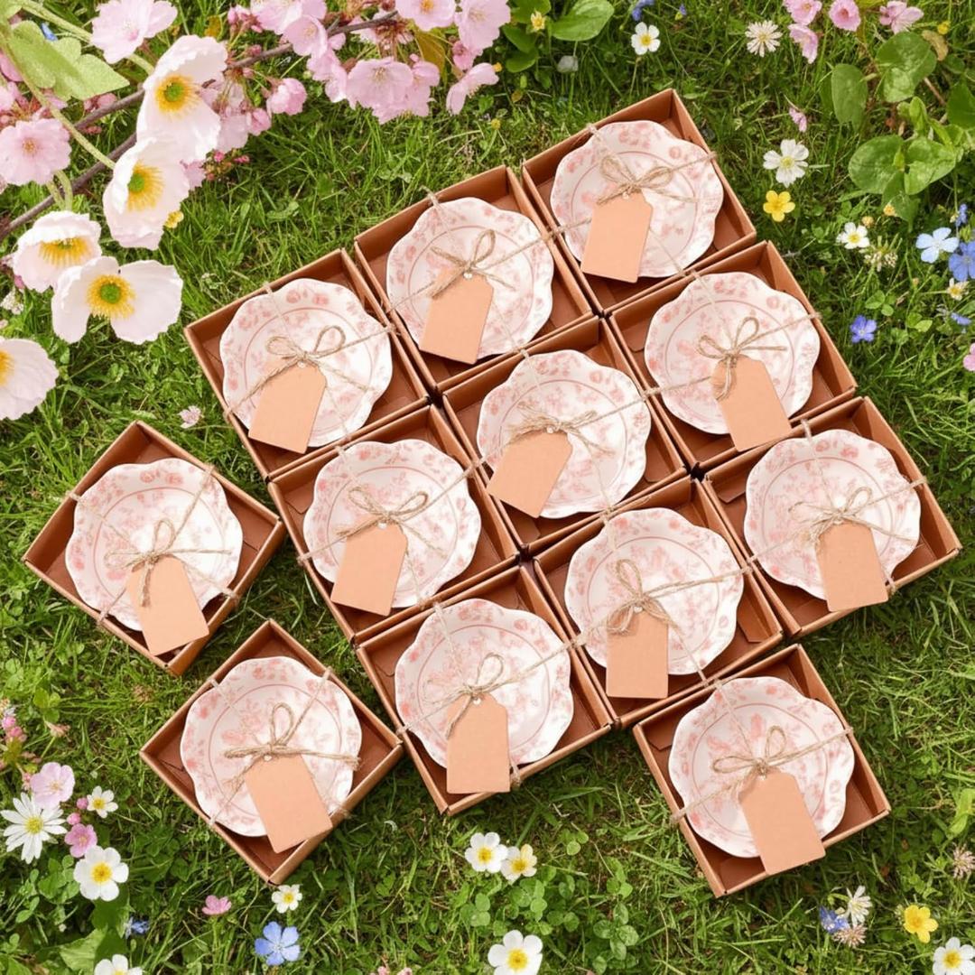 SiliFine 12 Pcs Wedding Favors for Guests Small Ceramic Bowl Bulk Gifts Set 3.3 Inch Floral Design Mini Dipping Sauce Dish with Card Box for Bridal Pooja Baby Shower Birthday (Flower,Pink)