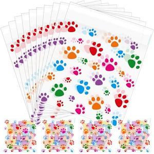 Pasimy 200 Pcs Paw Plastic Bags Pet Cellophane Bags Self-adhesive Clear Treat Pouches for Pet Dog Theme Party Supplies Decor(Clear Colorful)