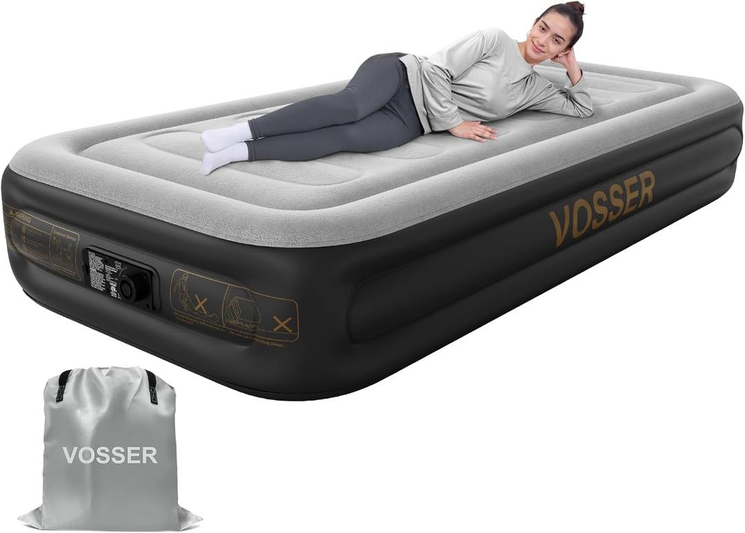 Twin Air Mattress with Built in Pump,Inflatable Mattress 2 Mins Self-Inflation/Deflation,Thicker Blow up Mattress Leak-Proof,Flocked Top Air Bed with Storage Bag for Home, Camping & Guests (Grey)