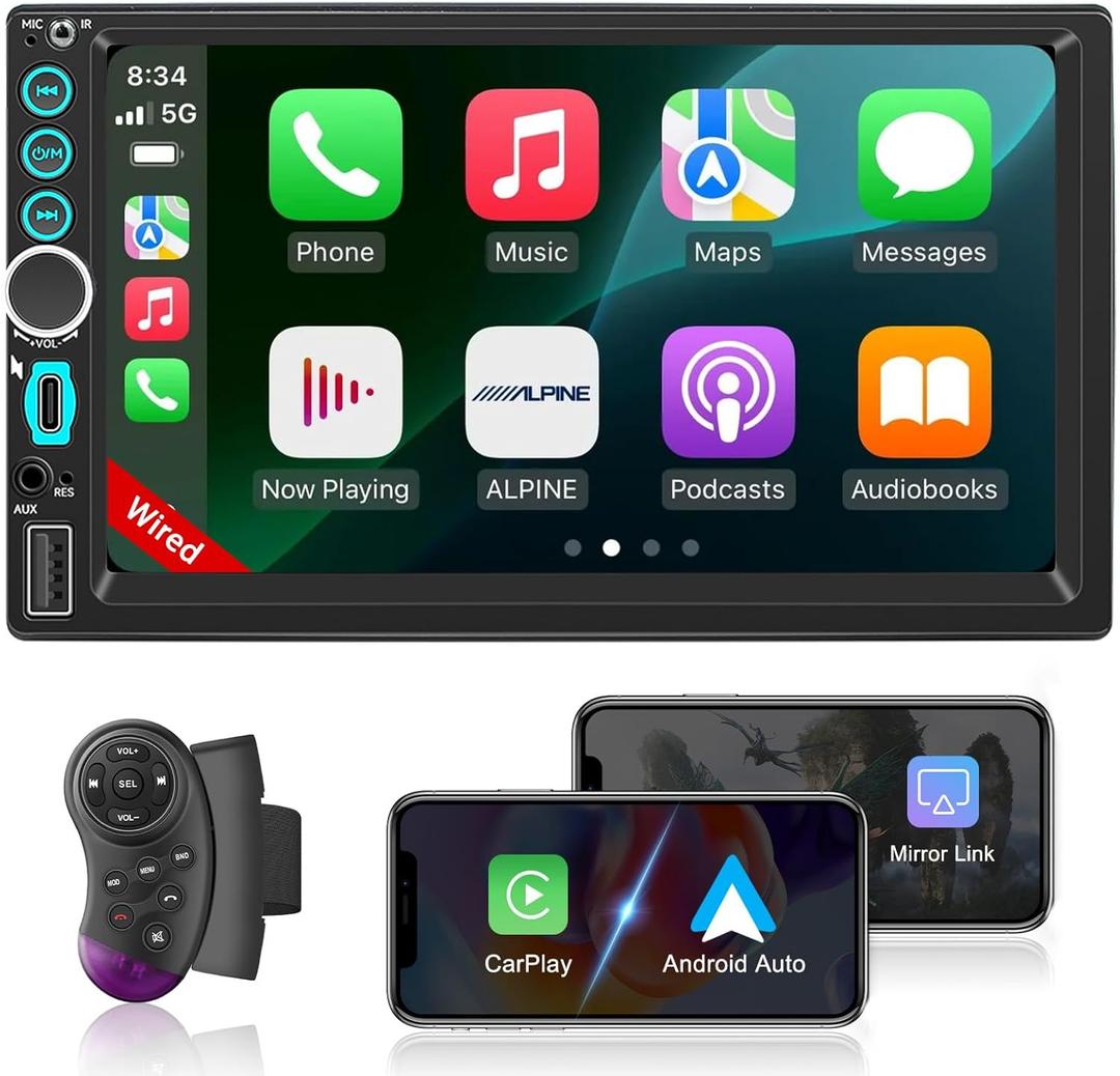 Double Din Car Stereo Apple Carplay Radio Screen for Car Audio Receivers, Bluetooth Car Play Android Auto 7" Touchscreen, Car Radio Support Bluetooth, SWC, Mirror Link, FM, Type-C