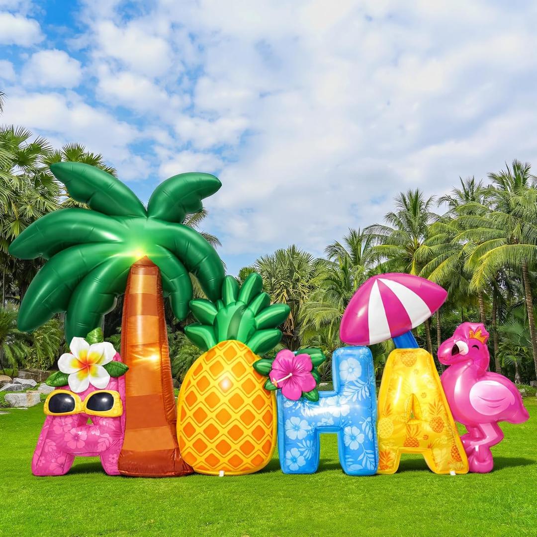 Halloscume 6 ft Hawaii Inflatable Outdoor Decorations Aloha Word Flower Coconut Trees Pineapple Inflatable Decor Built in LED Lights for Spring Summer Yard Lawn Supplies