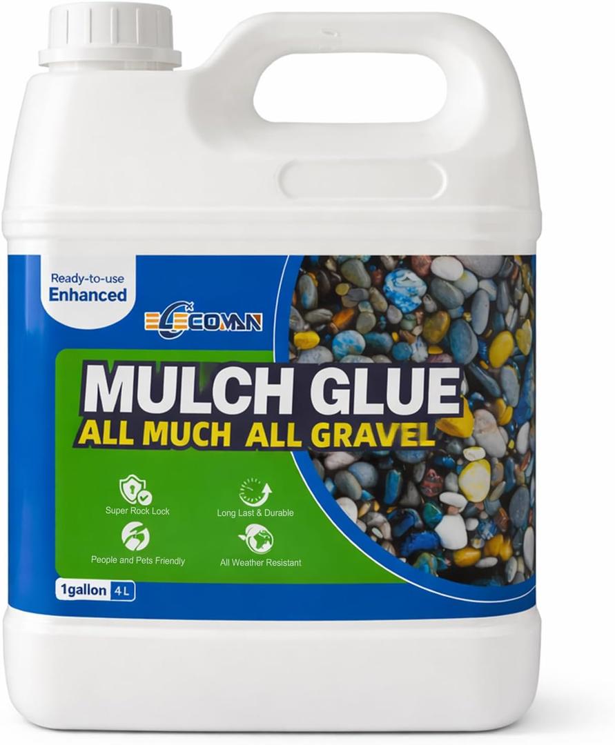 Mulch Glue for Landscaping, 1 Gallon Rock Glue & Gravel Binder, Water-Based Non-Toxic Landscape Adhesive, Weather-Resistant Mulch Anchor for Pea Gravel, Pebbles, Wood Chips & Decorative Stone