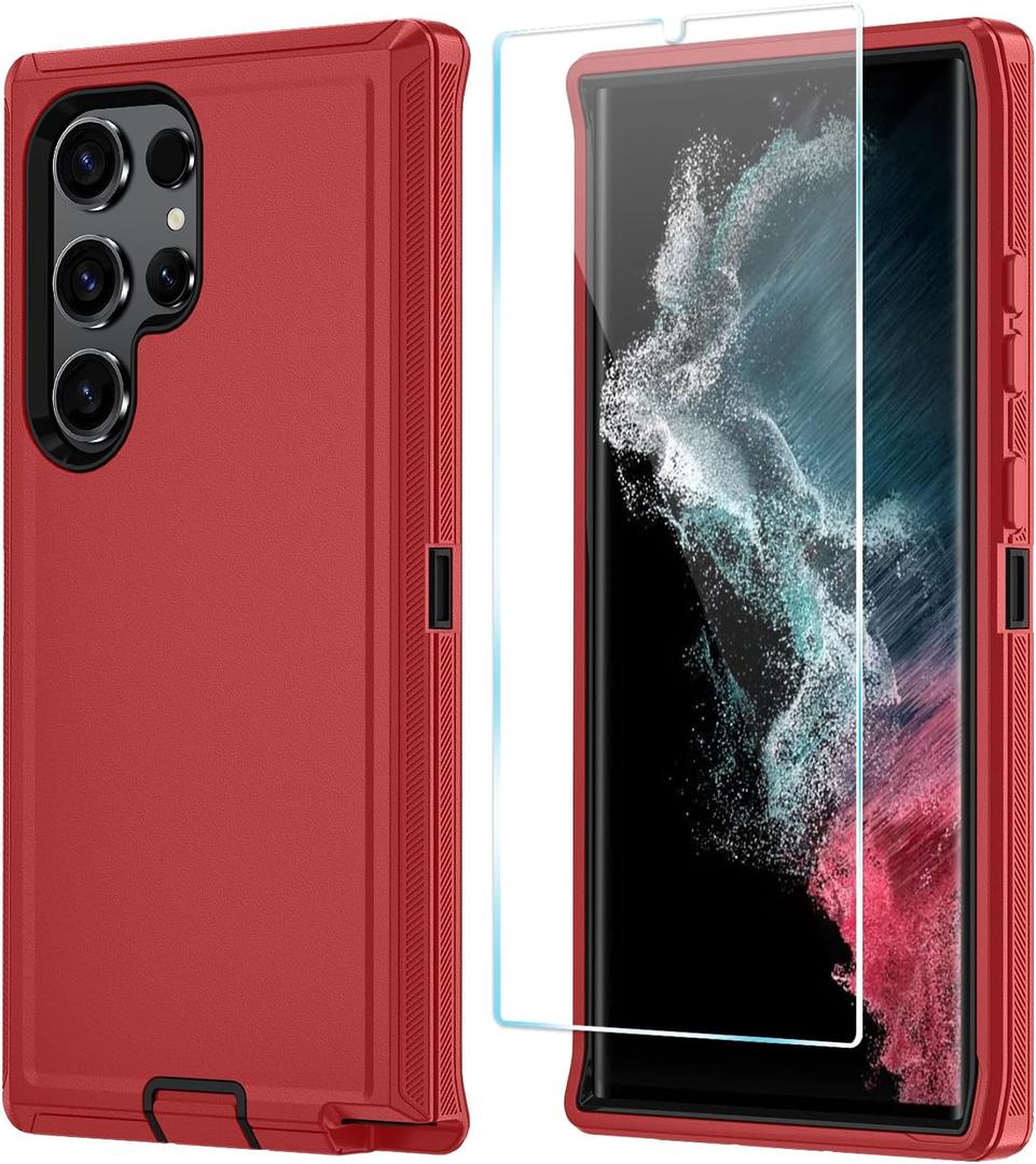 ONOLA Phone Case for Samsung Galaxy S22 Ultra Case with HD Screen Protector, Heavy Duty Shockproof & Dropproof 3-Layer Cover Phone Case for Galaxy S22 Ultra 6.8'',RedBlack
