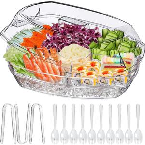 Chilled Serving Tray with 10 Forks and 3 Non-Slip Tongs, Clear Fruit Platter, Shrimp Cocktail Serving Dish, Ice Serving Platters, Cold Dish for Party, Fruit, Veggie, Appetizer, Sushi
