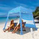 Grandekor Upgraded 6'×6' Pop Up Beach Canopy Tent Bold Blue White Stripe | Beach Cabana for Family & Kids UPF 50+ Sun Shelter for Pool Camping with Sand Anchor Sidewall, 6x6