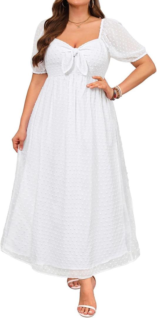 Plus Size Summer Dress - 2025 Graduation Beach Wedding Guest Tie Front Maxi Sundress (White)