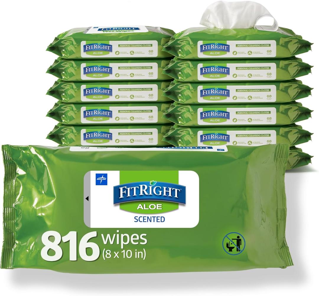 FitRight Aloe Personal Cleansing Cloth Wipes, Scented, 8 x 10 inch Adult Large Incontinence Wipes, 68 count, pack of 12