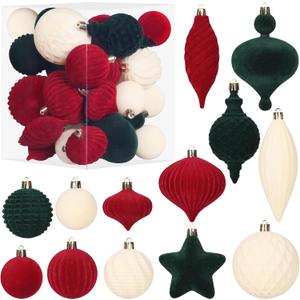 SY Super Bang 30PCS Velvet Christmas Ornaments Set, Flocked Shatterproof Assorted Hanging Xmas Tree Ball Decorations, for Home Party Holiday Decor, Coffee, Beige, Deep Green