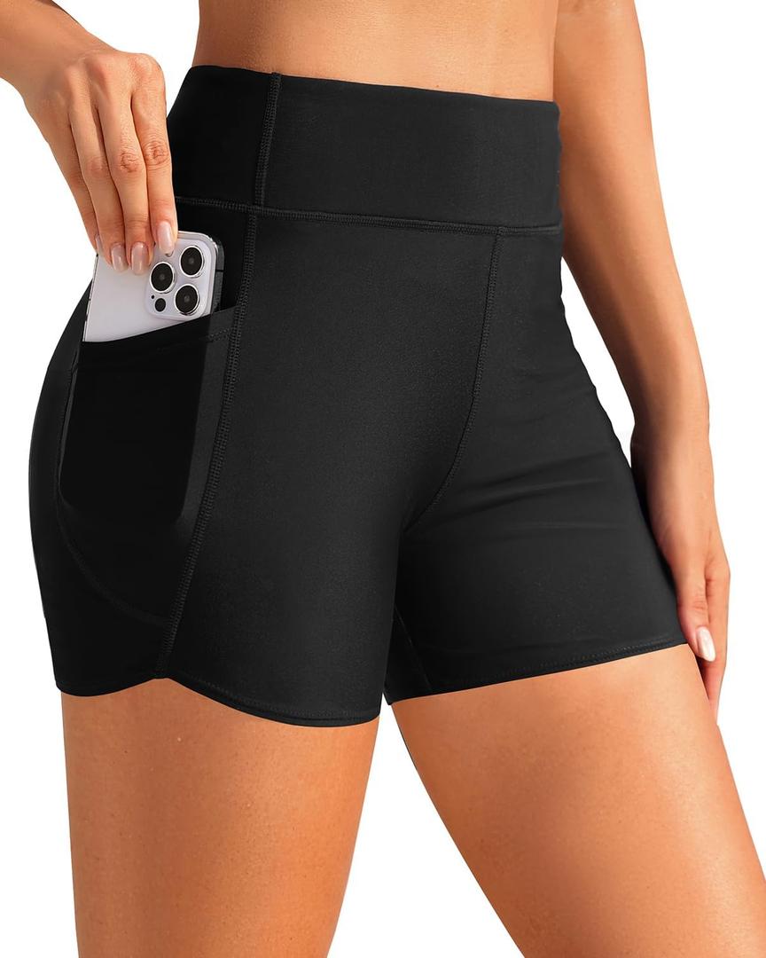 Daci Women High Waisted Swim Shorts - 3"/5"/7" Bathing Suit Short with Pockets Liner Tummy Control Swimsuit Bottom Boy Short (Black, XL)