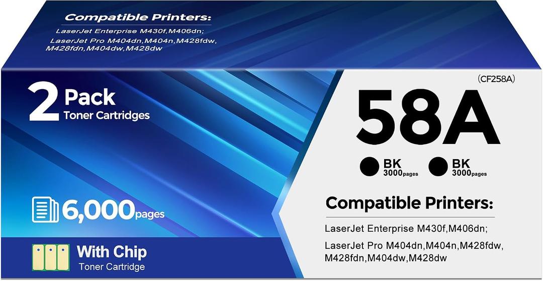 For HP 58A Toner Cartridge Black 2 Pack CF258A M428 M404 Toner (6000 Pages) | Replacement For HP 58A 58X Toner Cartridges Work With HP Laser Jet MFP M428fdn M428dw M428fdw Pro M404n M430f M406dn Printer