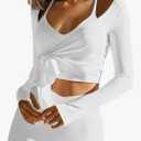 Fisoew Womens Wrap Tie Tops Long Sleeve Workout Crop Wrap Shirts Casual Lightweight Ballet Pilates Yoga Active Tops Size Large