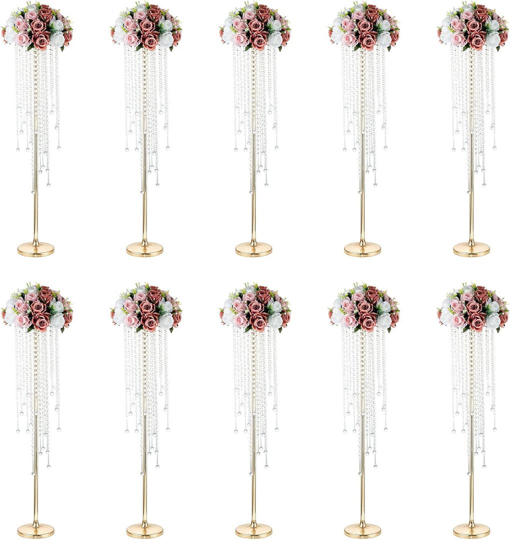 NUPTIO Gold Vases for Centerpieces Wedding - 10 Pcs 39.4in Tall Vase Chandelier Centerpiece for Tables - Flower Stand Bulk for Weddings
