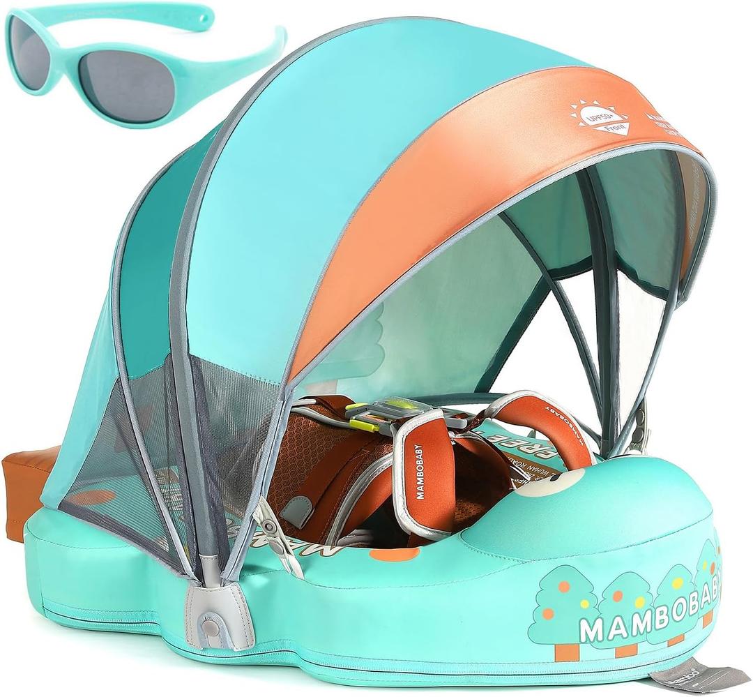 Mambobaby Float with Canopy and Tail New Upgraded Non-Inflatable Baby Pool Float Mambo Float Swim Trainer Solid Infant Swim Float Adjustable Pearl Foam Baby Swim Ring (Apple Tree)