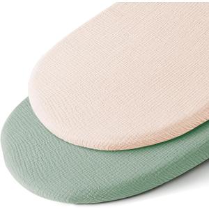 Muslin Bassinet Sheets for Baby Boy Girl,Breathable Baby Bassinet Sheets Fitted for Bassinet,Oval Rectangle,Hourglass,Bassinet Mattress/Pad,Soft Cotton 2 Pack (Green+beige)
