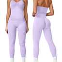 ABOCIW Workout Sets for Women Seamless Scunch Butt Lifting Impact Leggings Longline Strappy Top 2 Piece Gym Outfits, Purple Large