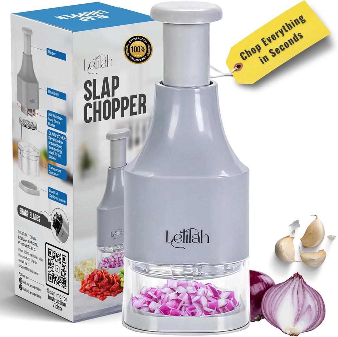 Food Chopper, Slap Chop, Handheld Veggie Chopper for Vegetable, Onion, Garlic, Nut, Hand Vegetable Cutter, Dishwasher-safe, Stainless Steel Blade,  Dishwasher Safe, Easy to Clean (Light Gray)