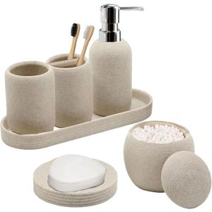 Bathroom Accessory Set, 6PCS Beige Bathroom Accessories - Soap Dish, Lotion Dispenser, Toothbrush Holder, Mouthwash Cup, Tray, Cotton Ball Jar, Aesthetic Decor Bathroom Sets