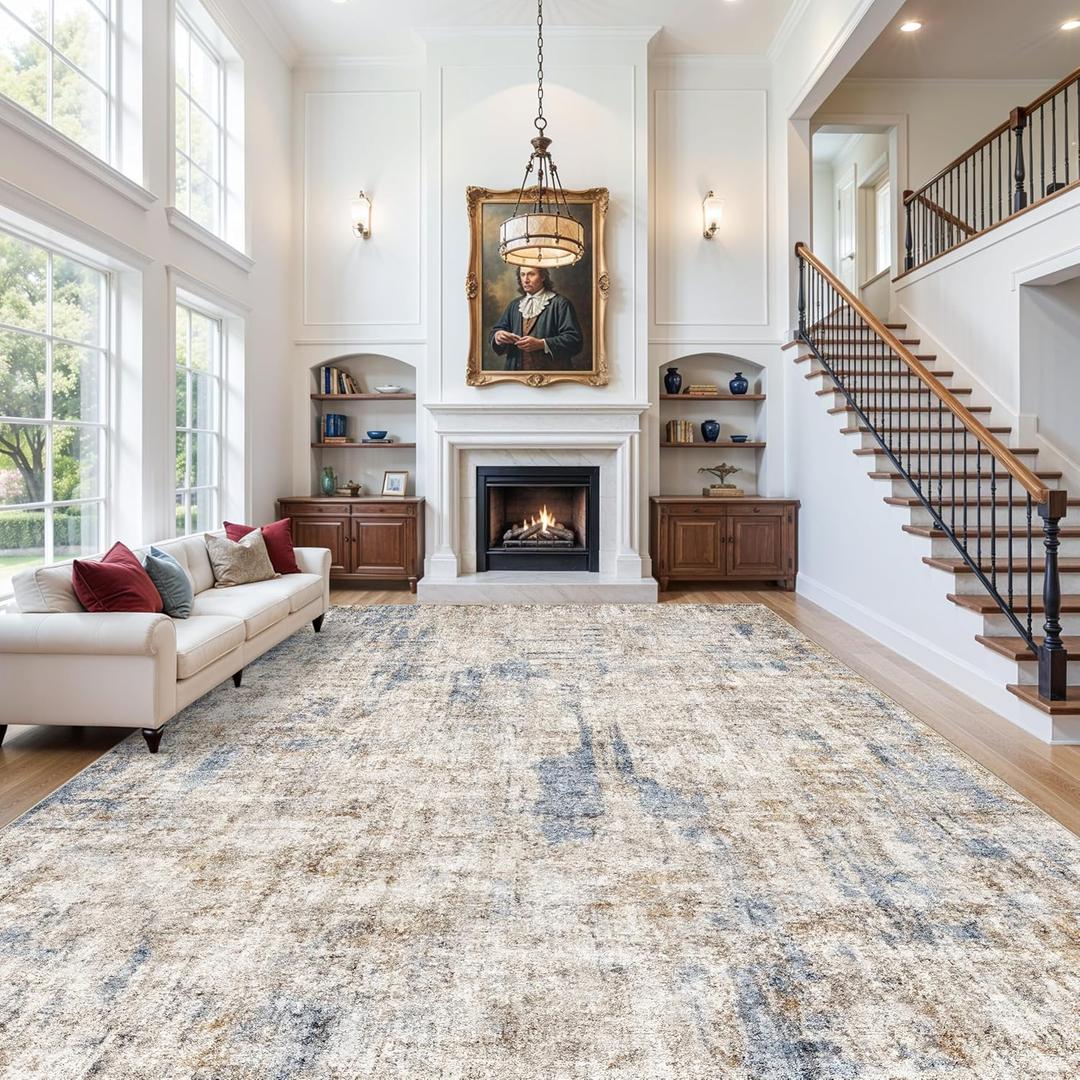 12x18 ft Extra Large Living Room Rug – Washable Modern Abstract Neutral Oversize Rugs for Bedroom,Dining Room,Family Room – Non-Slip Low-Pile Thin Stain-Resistant Carpet（Blue Brown）