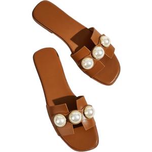 Verdusa Women's Flat Sandals Pearl Sandals Square Toe Summer Slip On Flat Shoes (Brown, 10.5)