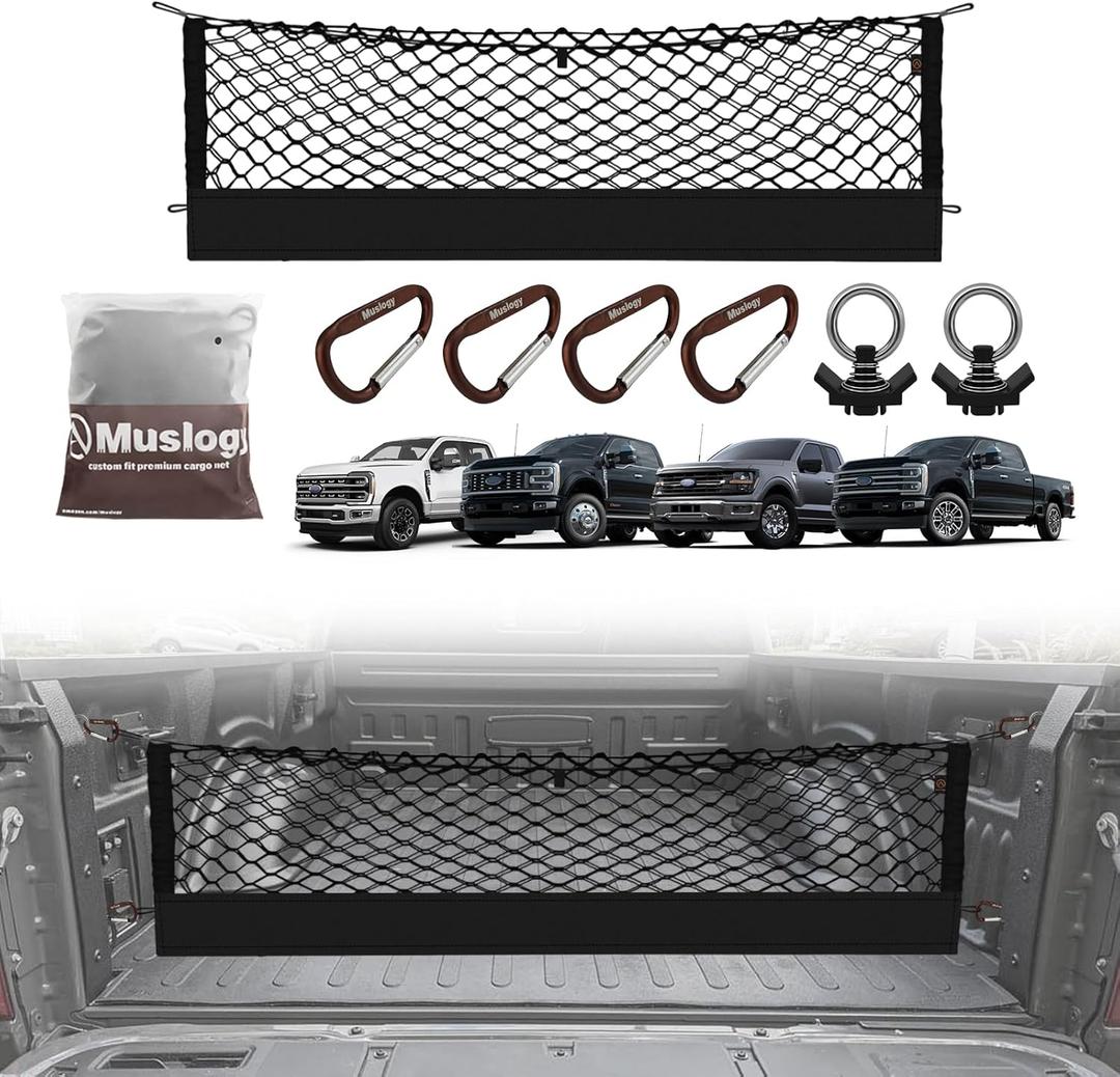 Muslogy Truck Bed Cargo Net Trunk Netting Compatible with 2015+ Ford F150 & 2017+ F250/F350/F450 (Snap-in Tie Down) Accessories, Pickup Cargo Organizer SUV Sedan Storage Net w/Heavy Duty Carabiners