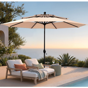 PHI VILLA 10ft Outdoor Patio Umbrellas, 3 Tier Vented Table Umbrella, BeigeAuto-Tilt, 1.5" Pole, Triple Vented, 8 Sturdy Ribs, Windproof, UV Resistant, Reinforced Frame, for Deck, Lawn Poolside Garden