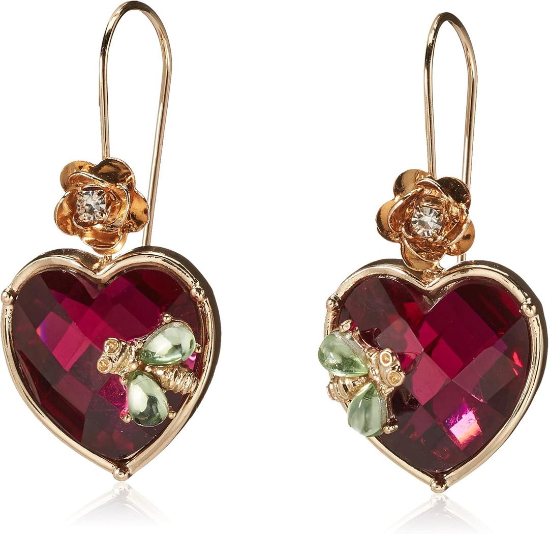 Betsey Johnson Women's Stone Heart Dangle Earrings (Maroon/Gold)