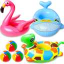iGeeKid 3 Pack Inflatable Pool Floats with 3 Beach Ball Toys for Toddlers Kids Age 1-4, Animal Ride-On Swim Rings with Safety Seat & Handle, Summer Pool Party & Beach Vacation (Flamingo Turtle Sharks)