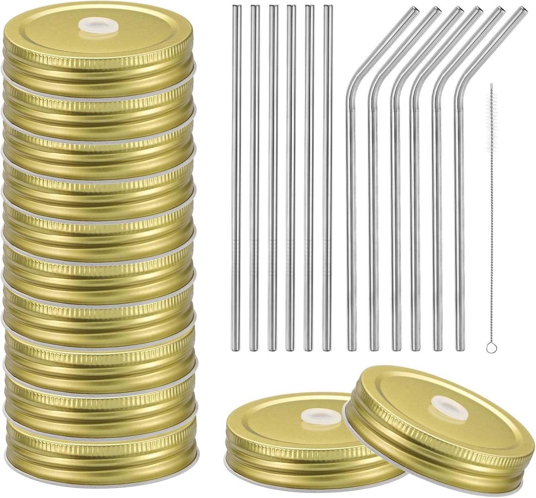 uxcell 25pcs Stainless Steel Mason Jar Lids with Straw Hole, 70mm Metal Canning Lid Mason Storage Covers Caps with Silicone Ring/Straws/Cleaning Brush Gold