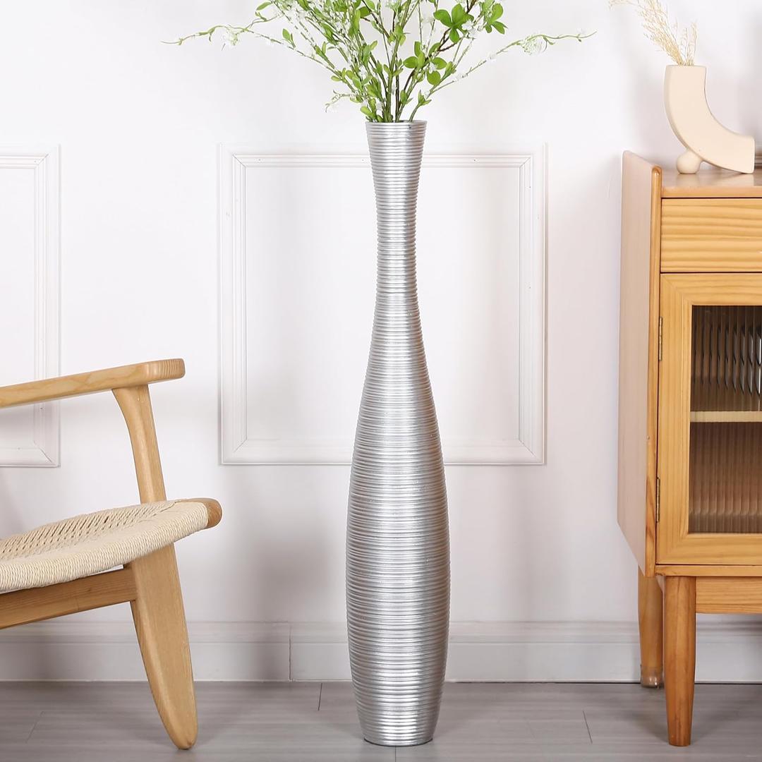 Leewadee Decorative Tall Floor Vase for Living Room Decor, 34 inches, Silver, Resin, Set of 2