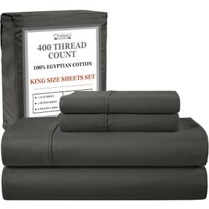 100% Cotton Sheets King Size Sheets Set With Fitted Sheet & Pillowcase Sets, 400 Thread Count Sateen Weave 4 Piece Deep Pocket King Sheet Set, Soft & Comfy Naturally Cool Luxury Bedding- Charcoal