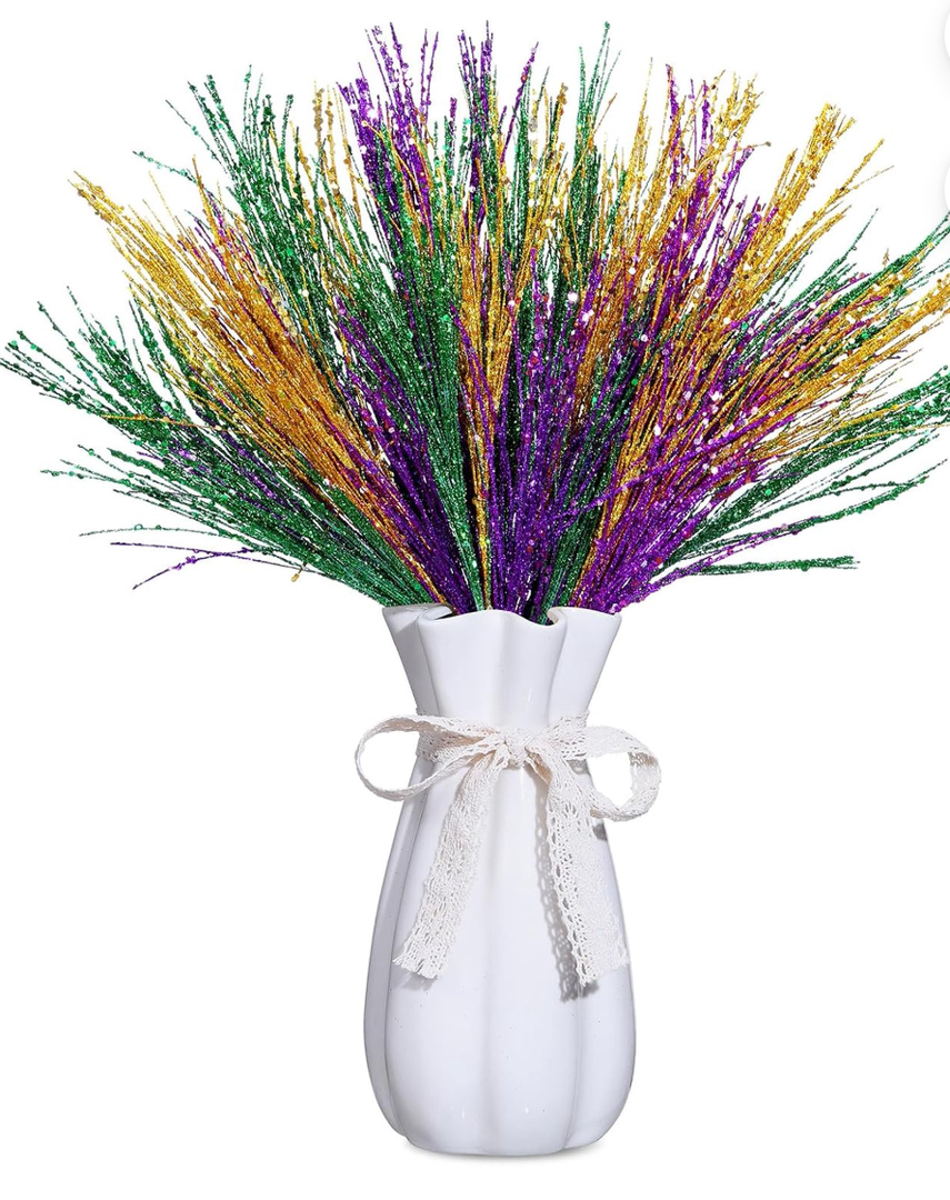 Juinte 8 Pcs Mardi Gras Decoration Carnival Picks Ornaments Artificial Glitter Berry Stems Tree Decor 15.75 Inches Purple Green and Gold Branches for Mardi Gras Tree Table Party Decor(Grass)