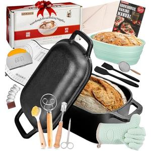 Dutch Oven for Bread Baking-Sourdough Bread Baking Supplies Starter Kit, 11" Oval Bread Proofing Basket 3.6QT Oval Cast Iron Pot Bread Pan with Lid, Black