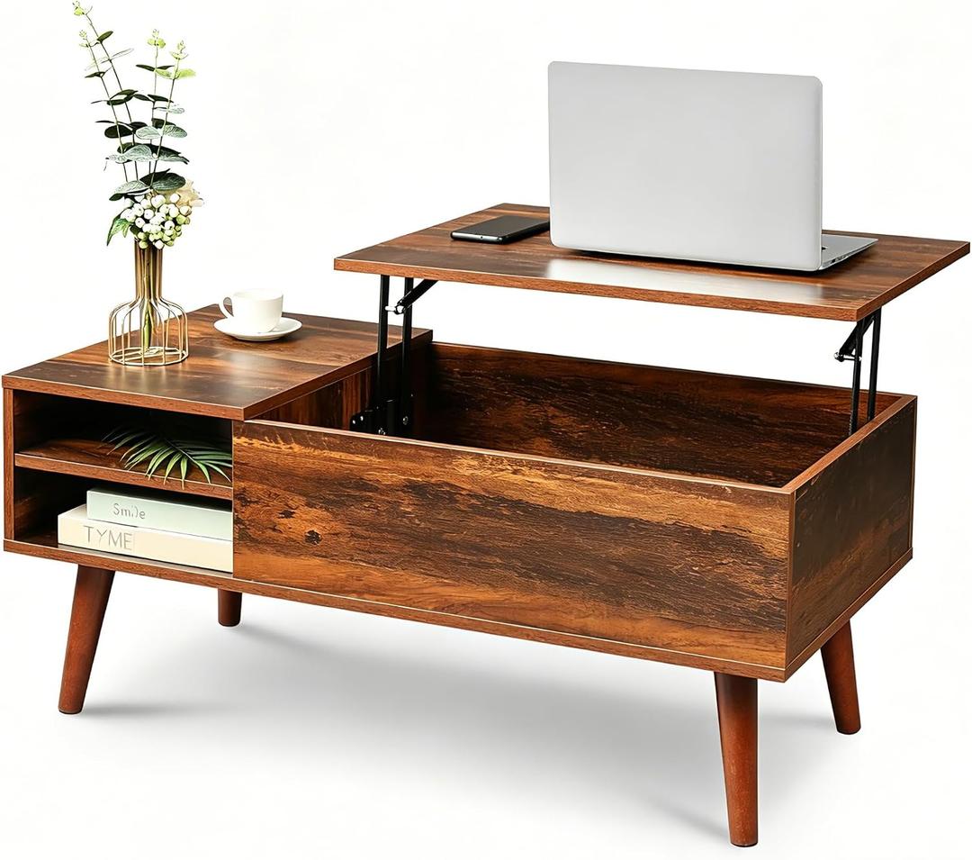 WLIVE Coffee Table with Lifting Top, Hidden Storage & Adjustable Shelf for Living Room Small Space, Multifunctional Rising Wooden Center Table, Mid Century Modern Tables for Home Dining Office, Brown