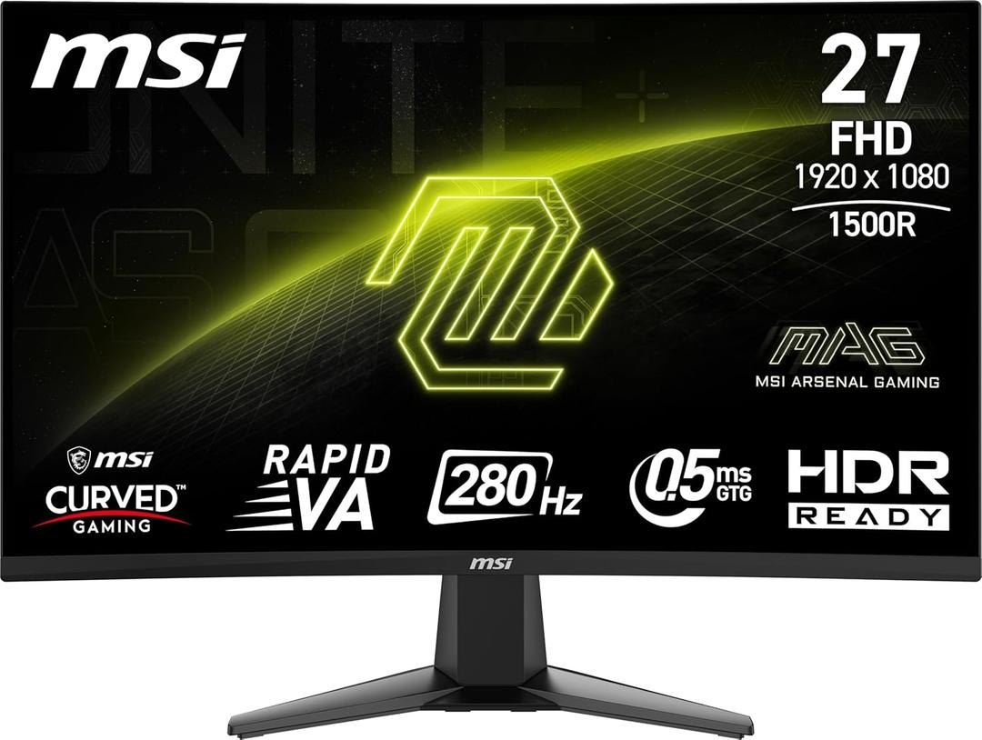 MSI MAG 276CXF 27-inch 1920 x 1080 (FHD) Curved Monitor, 280Hz, HDMI, DisplayPort, VGA Port, VESA Mountable, Tilt, Speaker, Slim Bezel, 0.5ms, Black