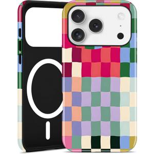 Jusy Compatible with MagSafe Checkerboard Case for iPhone 17 Pro Max, Cute Aesthetic Checkered Magnetic Phone Case, Soft TPU and Hard PC Protective Phone Cover for Women GirlsShiny - Colorful