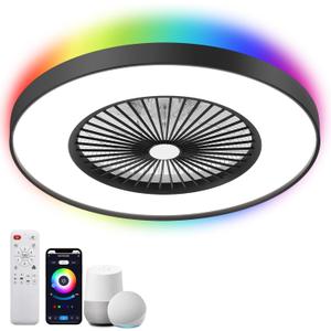 24" Low Profile Ceiling Fan with Light, Bladeless Ceiling Fan with Alexa, APP Control, Modern Flush Mount Ceiling Fans Dimmable Color Chaning LED-RGB Ambient Light Black