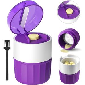 3-in-1 Pill Crusher Pills Cutter with Storage BoxTablet Grinder with Stainless Steel Grinding Pestle, Pill Crushers Fine Powder, Tablet Crushers for Elderly and Pets (Purple/White)