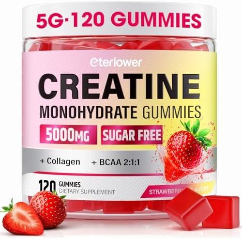 eterlower Creatine Monohydrate Gummies, 5g Creatine Gummies for Women & Men.Pre-Workout & Muscle Growth Support, Contains BCAA, Collagen, Sugar-Free, 120 Count, EXP: 10/27/2027
