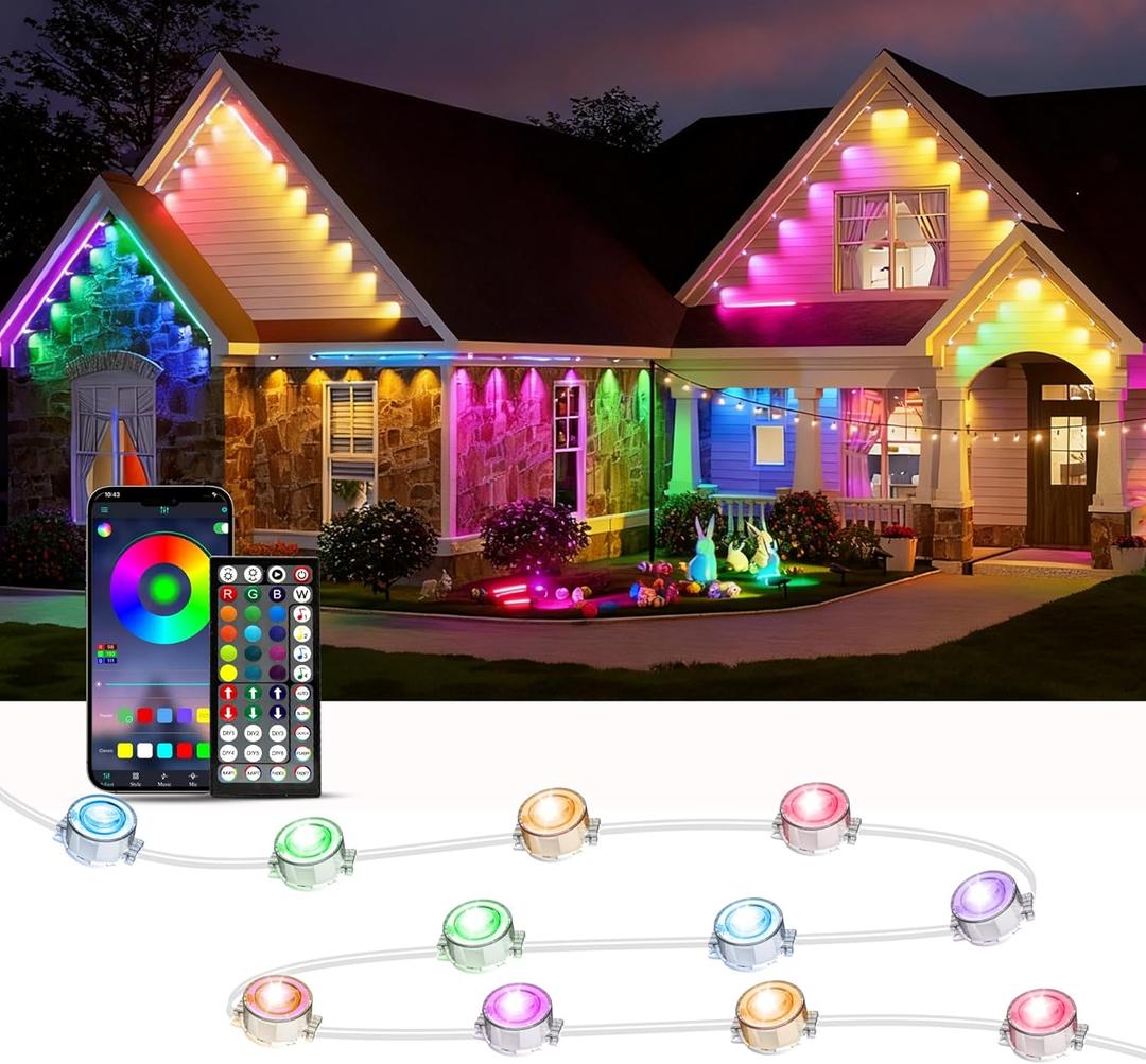 RGB Permanent Outdoor Lights, 200FT LED Eaves Lights with Smart App Remote Control, IP67 Waterproof, Music Sync, Timing Function for Christmas, Party, All Holiday Decorations