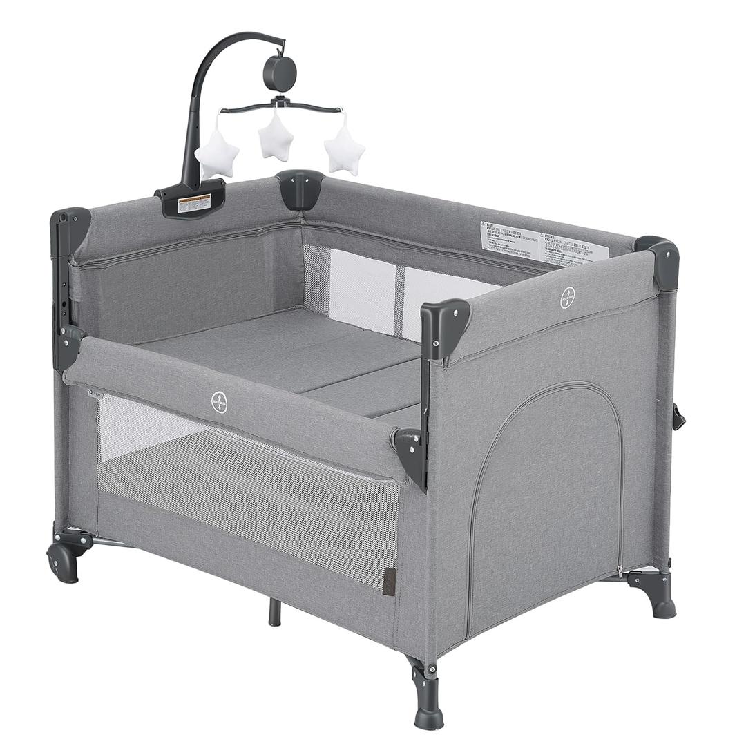 2-in-1 Baby Playard, Pack and Play Bassinet, Easy Folding Portable Crib with Music Mobile for Newborn to Toddlers (Grey)