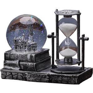 LED Music Snow Globe with Hourglass Vintage Castle Paris Eiffel Tower Home Decoration for Living Room Bedroom Book Shelf TV Cabinet Desk Table Top Decor Centerpieces Ornaments (B - Silver)