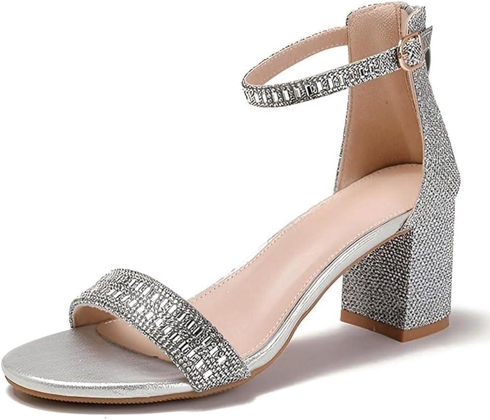 Lucky Bird Women's Block Chunky Heel Sandals with Rhinestones & Ankle Straps Open Toe Dressy Sparkly Dress Pump High Heels Sandals for Weddings, Prom and Party, Size 38