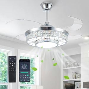 42" Retractable Ceiling Fans with Lights, Crystal Chandelier Ceiling Fan with Remote & APP Control, Modern Dimmable LED Fandelier for Living Room, Dinning Room, Bedroom (Silver)