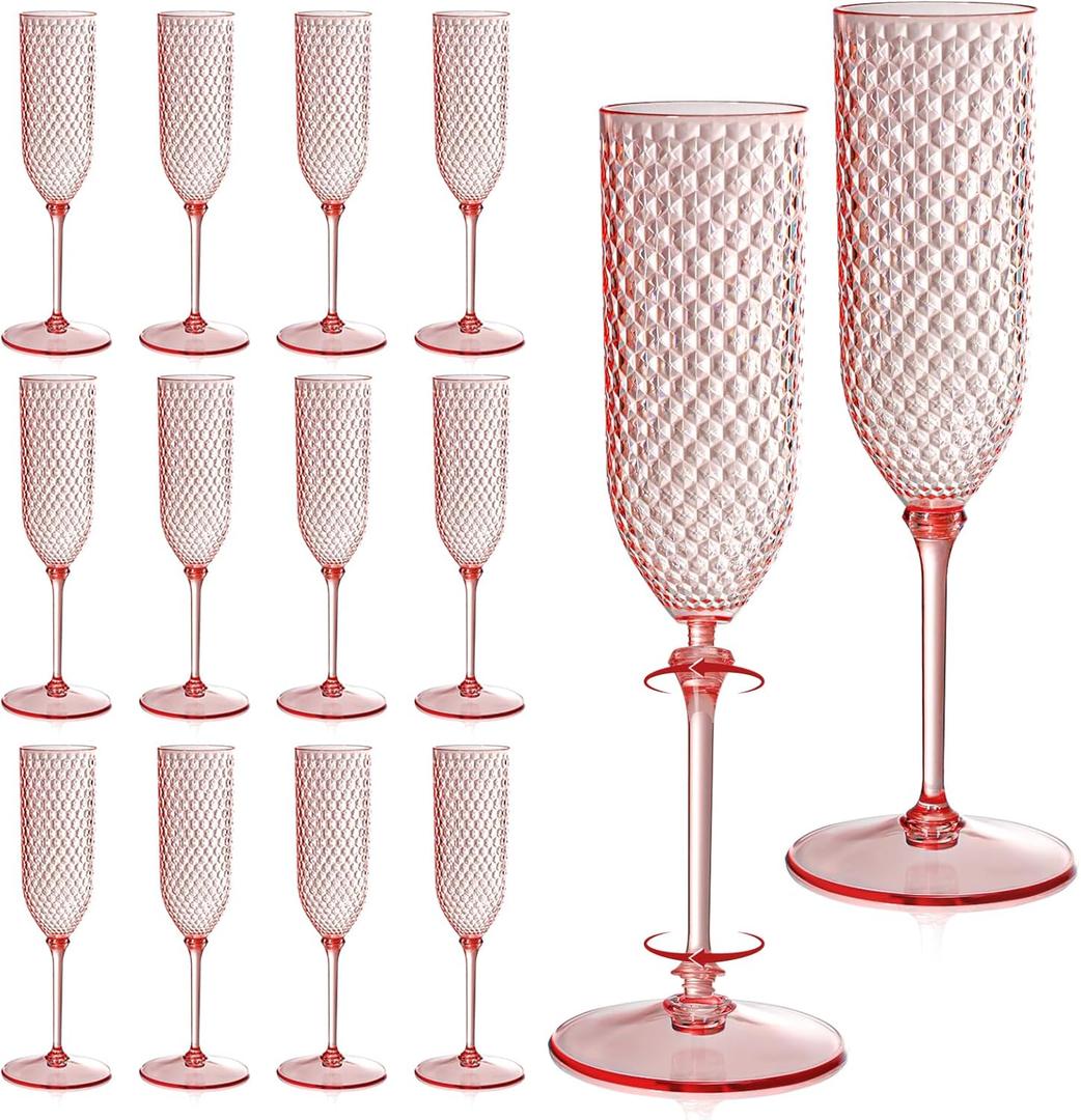 24 Pack Pink Detachable 2 piece Champagne Flutes 5.5 Oz Unbreakable Plastic Mimosa Disposable Champagne Glasses Drinking Cups Stemmed Reusable Wine Toasting Glasses for Wedding (24, Clear Pink)